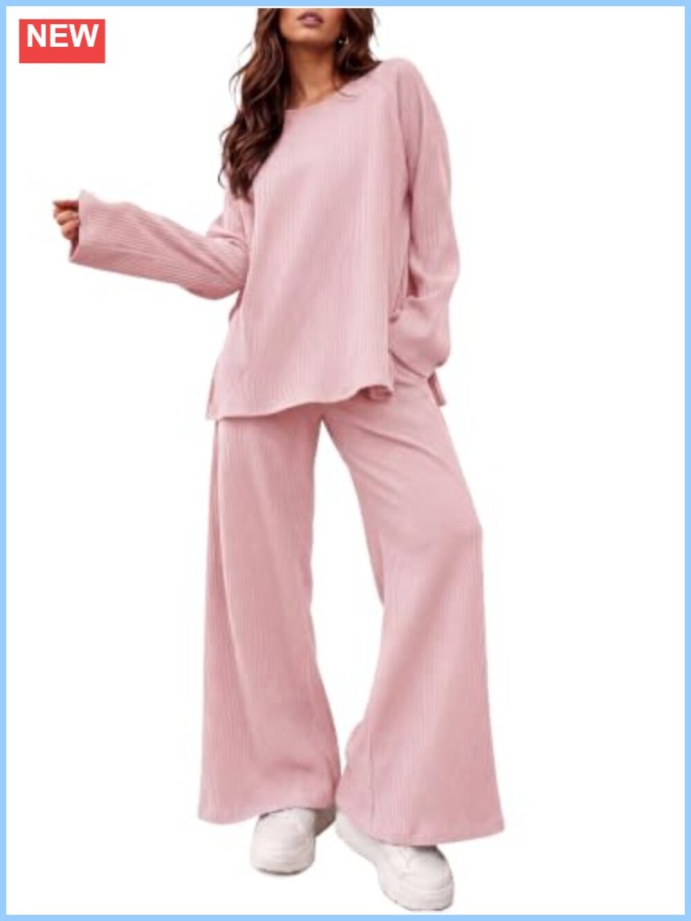 Ribbed Knit 2-Piece Lounge Set Oversized Top Wide Leg Pants Pockets